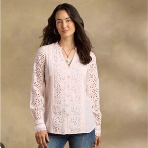 Women's Sundance bohemian Eyelet Button Up Shirt Long Sleeve blush S
